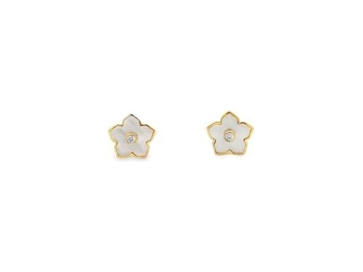 18K Yellow Gold Blossom Mother of Pearl & Natural Diamond Stud Earrings